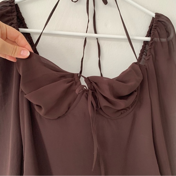 House of CB Baby Chocolate Brown Chiffon Cutout Halter Long Sleeve Mini Dress - Picture 6 of 12